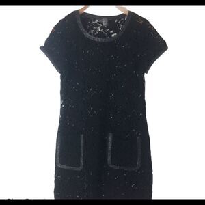 #321 PER SE BLACK LACE LEATHER TRIMMED MINI DRESS